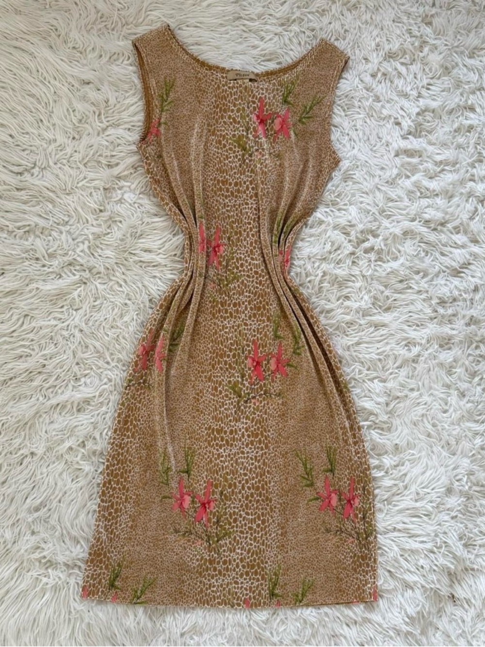 Sleeveless Taupe Floral Midi Dress with Pink & Green Accents